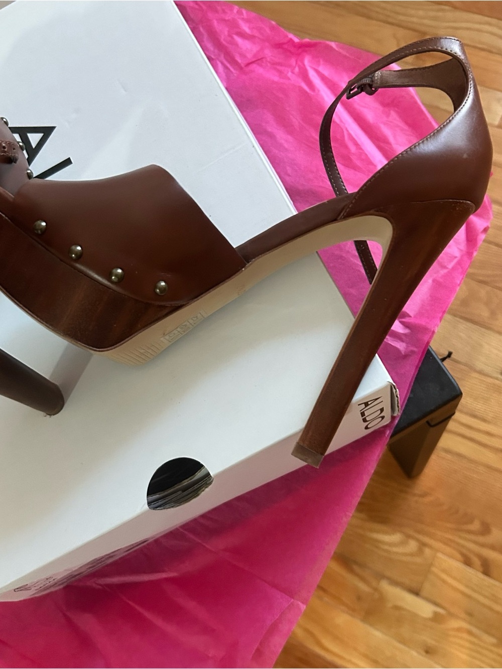 ALDO Brown Leather Open-Toe Platform Sandals with Ankle Strap - Picture 4 of 4